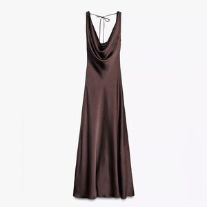 Zara Woman ZW Collection Chocolate Brown Satin Effect Long Dress Open Back Fancy